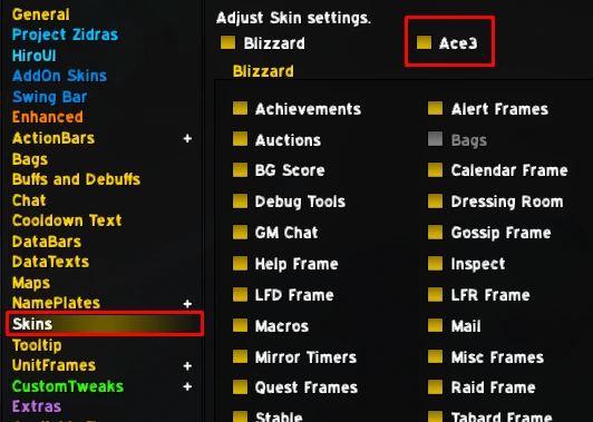 ElvUI's Skins config panel with the Ace3 skin toggle highlighted