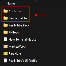 Interface/AddOns folder with the Auctionator and GearScoreLite folders highlighted next to RealNibba.Pack, RNTools, MarketWatch and RareHunt
