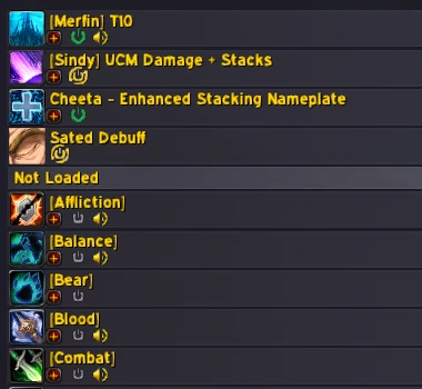 WeakAuras display list showing several loaded auras and a group of premade class auras marked Not Loaded