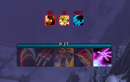 A live WeakAuras HUD in combat, showing cooldown and buff icons above a cast bar reading 8.2T