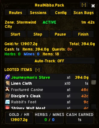 The Farm Pack window during a farming session showing gold per hour and items looted