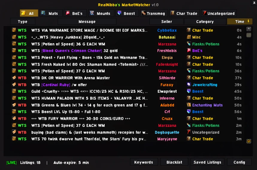 The MarketWatch window listing Trade chat offers by category