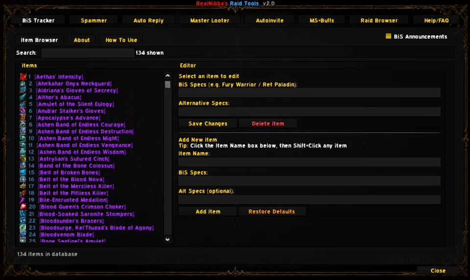 The Raid Tools window with module tabs for BiS Tracker, Spammer, Auto Reply, Master Looter, AutoInvite, MS Changes and Raid Browser