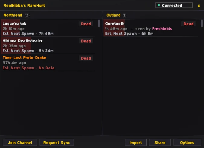 The RareHunt tracker window with Northrend and Outland rare timers
