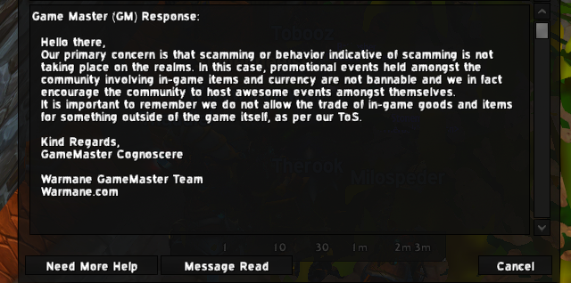 Warmane GM response confirming that community-run promotional events involving in-game items and gold are not against the rules, as long as nothing is traded for anything outside the game.